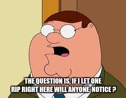 Family Guy Peter | THE QUESTION IS, IF I LET ONE RIP RIGHT HERE WILL ANYONE  NOTICE ? | image tagged in memes,family guy peter | made w/ Imgflip meme maker