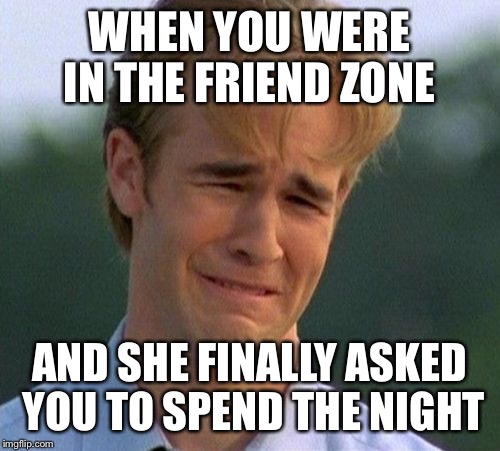 1990s First World Problems Meme | WHEN YOU WERE IN THE FRIEND ZONE; AND SHE FINALLY ASKED YOU TO SPEND THE NIGHT | image tagged in memes,1990s first world problems | made w/ Imgflip meme maker