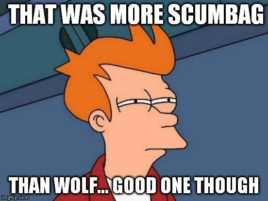 Futurama Fry Meme | THAT WAS MORE SCUMBAG THAN WOLF... GOOD ONE THOUGH | image tagged in memes,futurama fry | made w/ Imgflip meme maker