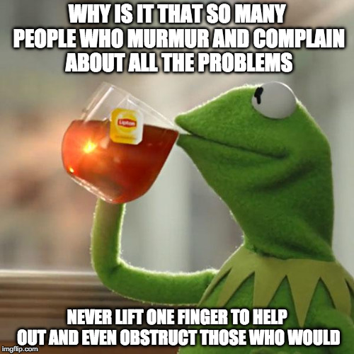 But That's None Of My Business Meme | WHY IS IT THAT SO MANY PEOPLE WHO MURMUR AND COMPLAIN ABOUT ALL THE PROBLEMS; NEVER LIFT ONE FINGER TO HELP OUT AND EVEN OBSTRUCT THOSE WHO WOULD | image tagged in memes,but thats none of my business,kermit the frog | made w/ Imgflip meme maker