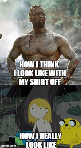 How I look like |  HOW I THINK I LOOK LIKE WITH MY SHIRT OFF; HOW I REALLY LOOK LIKE | image tagged in aronld,adventure time,shritless | made w/ Imgflip meme maker