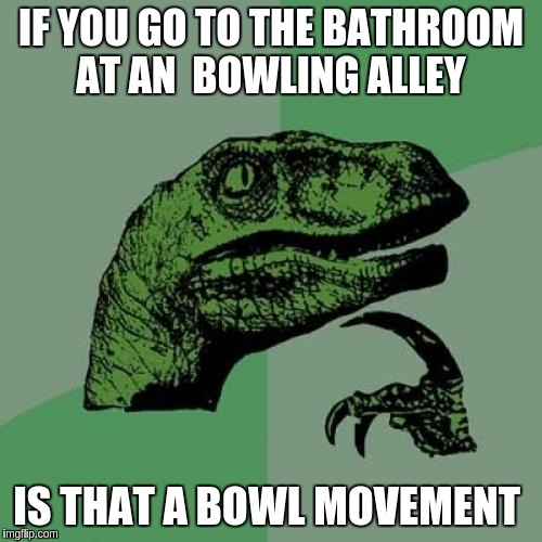Philosoraptor | IF YOU GO TO THE BATHROOM AT AN  BOWLING ALLEY; IS THAT A BOWL MOVEMENT | image tagged in memes,philosoraptor | made w/ Imgflip meme maker