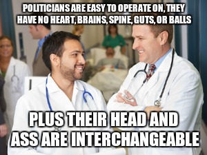 doctors | POLITICIANS ARE EASY TO OPERATE ON, THEY HAVE NO HEART, BRAINS, SPINE, GUTS, OR BALLS; PLUS THEIR HEAD AND ASS ARE INTERCHANGEABLE | image tagged in doctors | made w/ Imgflip meme maker