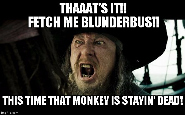 Fetch Me Blunderbus! | THAAAT'S IT!! FETCH ME BLUNDERBUS!! THIS TIME THAT MONKEY IS STAYIN' DEAD! | image tagged in barbossa,pirates of the caribbean | made w/ Imgflip meme maker