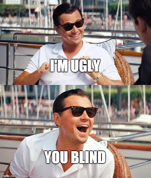 Leonardo Dicaprio Wolf Of Wall Street | I'M UGLY; YOU BLIND | image tagged in memes,leonardo dicaprio wolf of wall street | made w/ Imgflip meme maker