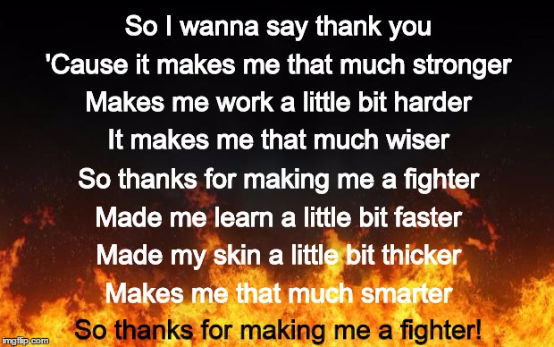 Thanks for Making Me a Fighter | So I wanna say thank you; 'Cause it makes me that much stronger; Makes me work a little bit harder; It makes me that much wiser; So thanks for making me a fighter; Made me learn a little bit faster; Made my skin a little bit thicker; Makes me that much smarter; So thanks for making me a fighter! | image tagged in fighter,fire,stronger,wiser,faster,smarter | made w/ Imgflip meme maker