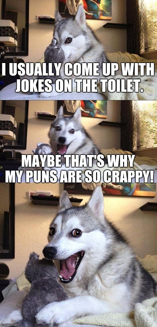 I thought of this on the can. | I USUALLY COME UP WITH JOKES ON THE TOILET. MAYBE THAT'S WHY MY PUNS ARE SO CRAPPY! | image tagged in memes,bad pun dog | made w/ Imgflip meme maker