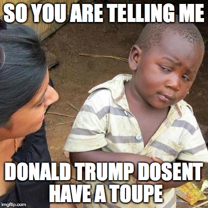 Third World Skeptical Kid Meme | SO YOU ARE TELLING ME; DONALD TRUMP DOSENT HAVE A TOUPE | image tagged in memes,third world skeptical kid | made w/ Imgflip meme maker