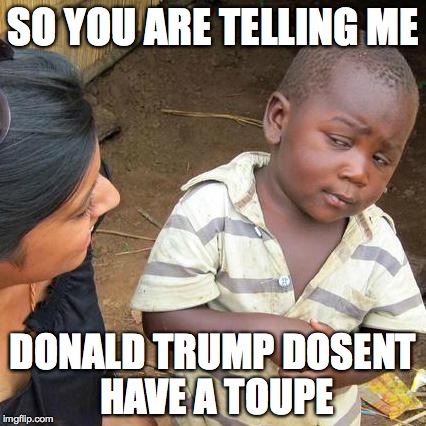 Third World Skeptical Kid | SO YOU ARE TELLING ME; DONALD TRUMP DOSENT HAVE A TOUPE | image tagged in memes,third world skeptical kid | made w/ Imgflip meme maker