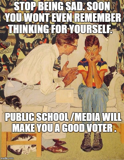 The Problem Is | STOP BEING SAD. SOON YOU WONT EVEN REMEMBER THINKING FOR YOURSELF. PUBLIC SCHOOL /MEDIA WILL MAKE YOU A GOOD VOTER . | image tagged in memes,the probelm is | made w/ Imgflip meme maker