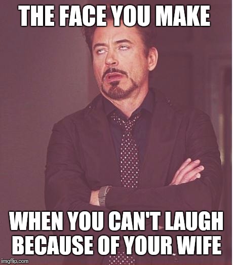 Face You Make Robert Downey Jr Meme | THE FACE YOU MAKE WHEN YOU CAN'T LAUGH BECAUSE OF YOUR WIFE | image tagged in memes,face you make robert downey jr | made w/ Imgflip meme maker