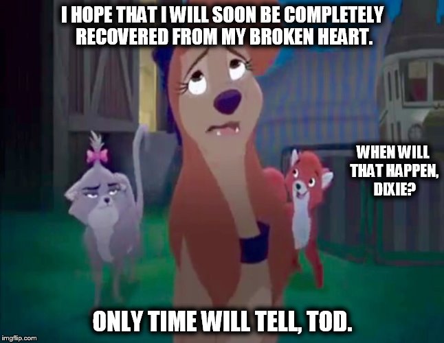 Only Time Will Tell, Tod. | I HOPE THAT I WILL SOON BE COMPLETELY RECOVERED FROM MY BROKEN HEART. WHEN WILL THAT HAPPEN, DIXIE? ONLY TIME WILL TELL, TOD. | image tagged in sad dixie,memes,disney,the fox and the hound 2,reba mcentire,dog | made w/ Imgflip meme maker