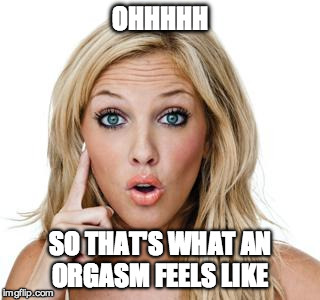 Dumb blonde | OHHHHH; SO THAT'S WHAT AN ORGASM FEELS LIKE | image tagged in dumb blonde | made w/ Imgflip meme maker