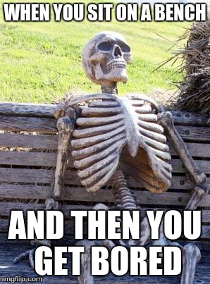 Waiting Skeleton Meme | WHEN YOU SIT ON A BENCH; AND THEN YOU GET BORED | image tagged in memes,waiting skeleton | made w/ Imgflip meme maker