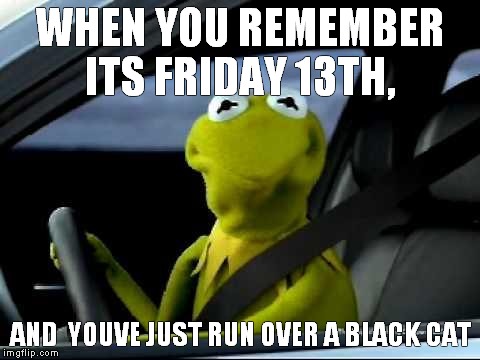 Kermit Car | WHEN YOU REMEMBER ITS
FRIDAY 13TH, AND  YOUVE JUST RUN OVER A BLACK CAT | image tagged in kermit car | made w/ Imgflip meme maker