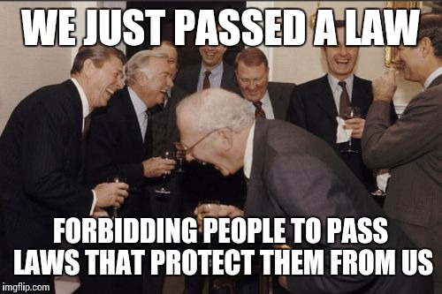 Preemptive Laws, What?!? | WE JUST PASSED A LAW; FORBIDDING PEOPLE TO PASS LAWS THAT PROTECT THEM FROM US | image tagged in memes,laughing men in suits,preemtive laws,conspiracy | made w/ Imgflip meme maker