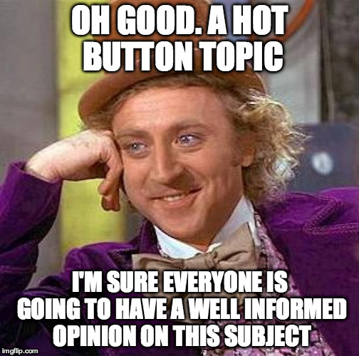 Creepy Condescending Wonka Meme | OH GOOD. A HOT BUTTON TOPIC; I'M SURE EVERYONE IS GOING TO HAVE A WELL INFORMED OPINION ON THIS SUBJECT | image tagged in memes,creepy condescending wonka | made w/ Imgflip meme maker