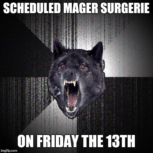 Insanity Wolf | SCHEDULED MAGER SURGERIE; ON FRIDAY THE 13TH | image tagged in memes,insanity wolf | made w/ Imgflip meme maker