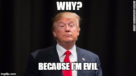 donald trump - why? because I'm evil | WHY? BECAUSE I'M EVIL | image tagged in donald trump,why because i'm evil | made w/ Imgflip meme maker