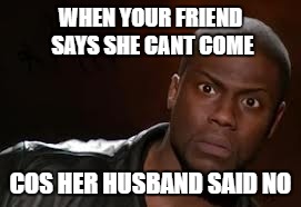 Kevin Hart Meme | WHEN YOUR FRIEND SAYS SHE CANT COME; COS HER HUSBAND SAID NO | image tagged in memes,kevin hart the hell | made w/ Imgflip meme maker