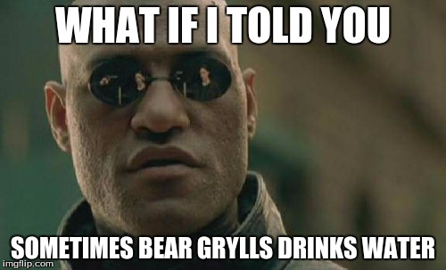 Matrix Morpheus | WHAT IF I TOLD YOU; SOMETIMES BEAR GRYLLS DRINKS WATER | image tagged in memes,matrix morpheus,cucumber | made w/ Imgflip meme maker