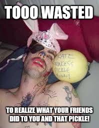 drunkee 2 | TOOO WASTED; TO REALIZE WHAT YOUR FRIENDS DID TO YOU AND THAT PICKLE! | image tagged in drunkee 2 | made w/ Imgflip meme maker
