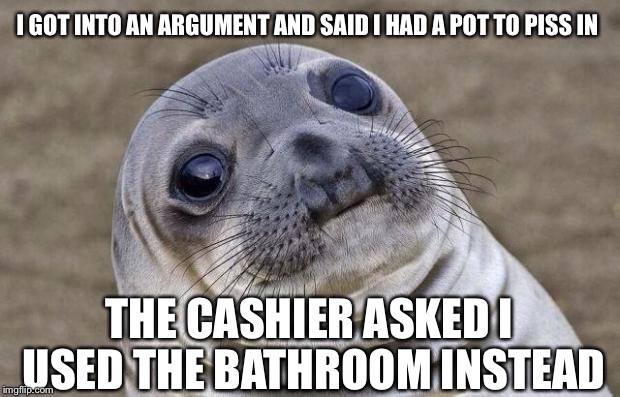 When common sayings aren't common | I GOT INTO AN ARGUMENT AND SAID I HAD A POT TO PISS IN; THE CASHIER ASKED I USED THE BATHROOM INSTEAD | image tagged in memes,awkward moment sealion,common sayings,i'm not that old,fr fr 100,damn people | made w/ Imgflip meme maker