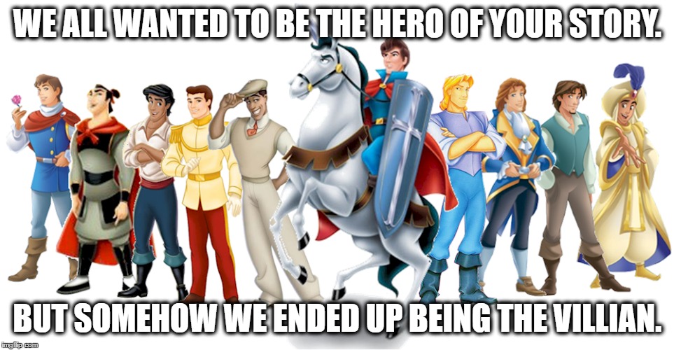 I am sorry... | WE ALL WANTED TO BE THE HERO OF YOUR STORY. BUT SOMEHOW WE ENDED UP BEING THE VILLIAN. | image tagged in disney,true story,so true memes,single,prince,sarcasm | made w/ Imgflip meme maker
