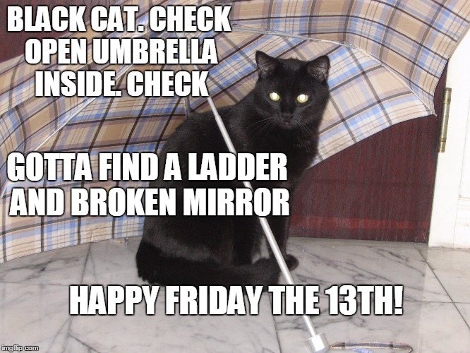 It's bad luck to be superstitious ya know! | BLACK CAT. CHECK OPEN UMBRELLA INSIDE. CHECK; GOTTA FIND A LADDER AND BROKEN MIRROR; HAPPY FRIDAY THE 13TH! | image tagged in friday the 13th,superstition,bad luck | made w/ Imgflip meme maker