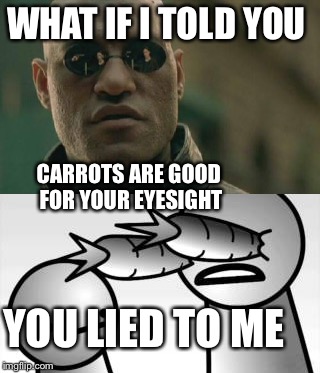I did this once | WHAT IF I TOLD YOU; CARROTS ARE GOOD FOR YOUR EYESIGHT; YOU LIED TO ME | image tagged in what if i told you,asdfmovie | made w/ Imgflip meme maker