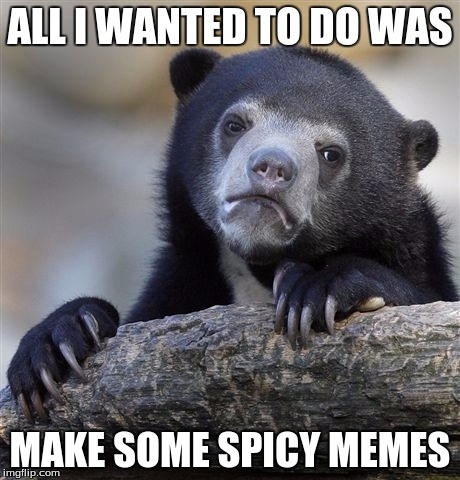 Confession Bear | ALL I WANTED TO DO WAS; MAKE SOME SPICY MEMES | image tagged in memes,confession bear | made w/ Imgflip meme maker