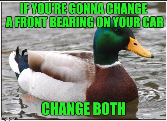 It never fails. You're gonna have to anyways, eventually. | IF YOU'RE GONNA CHANGE A FRONT BEARING ON YOUR CAR; CHANGE BOTH | image tagged in memes,actual advice mallard,sewmyeyesshut | made w/ Imgflip meme maker