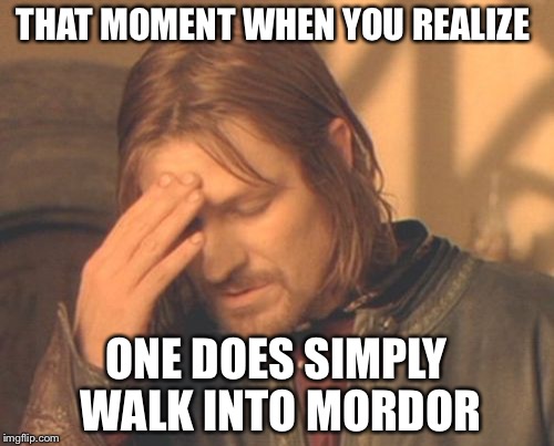 Frustrated Boromir Meme | THAT MOMENT WHEN YOU REALIZE; ONE DOES SIMPLY WALK INTO MORDOR | image tagged in memes,frustrated boromir | made w/ Imgflip meme maker