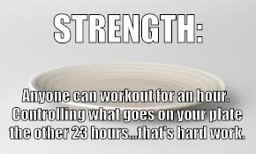 Strength | STRENGTH:; Anyone can workout for an hour. Controlling what goes on your plate the other 23 hours...that's hard work. | image tagged in plate,workout excuses,workout,memes | made w/ Imgflip meme maker