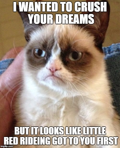 Grumpy Cat | I WANTED TO CRUSH YOUR DREAMS; BUT IT LOOKS LIKE LITTLE RED RIDEING GOT TO YOU FIRST | image tagged in memes,grumpy cat | made w/ Imgflip meme maker