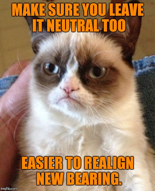 Grumpy Cat Meme | MAKE SURE YOU LEAVE IT NEUTRAL TOO EASIER TO REALIGN NEW BEARING. | image tagged in memes,grumpy cat | made w/ Imgflip meme maker