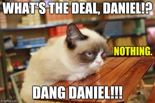 Grumpy Cat Table | WHAT'S THE DEAL, DANIEL!? NOTHING. DANG DANIEL!!! | image tagged in memes,grumpy cat table | made w/ Imgflip meme maker
