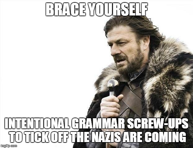 Brace Yourselves X is Coming | BRACE YOURSELF; INTENTIONAL GRAMMAR SCREW-UPS TO TICK OFF THE NAZIS ARE COMING | image tagged in memes,brace yourselves x is coming | made w/ Imgflip meme maker