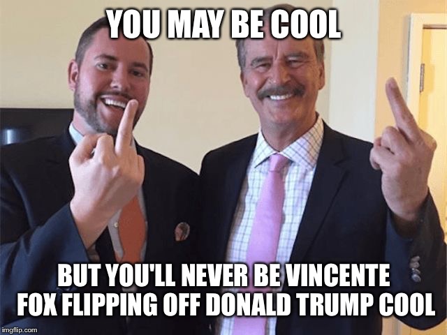 Trump | YOU MAY BE COOL; BUT YOU'LL NEVER BE VINCENTE FOX FLIPPING OFF DONALD TRUMP COOL | image tagged in donald trump | made w/ Imgflip meme maker