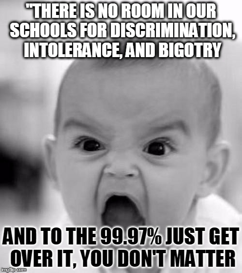 mad baby | "THERE IS NO ROOM IN OUR SCHOOLS FOR DISCRIMINATION, INTOLERANCE, AND BIGOTRY; AND TO THE 99.97% JUST GET OVER IT, YOU DON'T MATTER | image tagged in mad baby | made w/ Imgflip meme maker