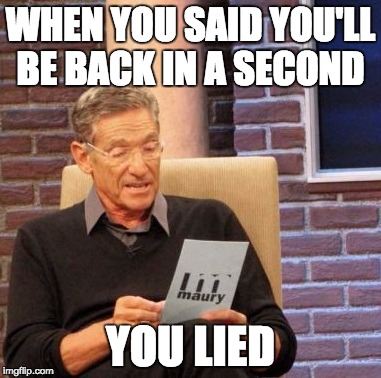 Maury Lie Detector Meme | WHEN YOU SAID YOU'LL BE BACK IN A SECOND; YOU LIED | image tagged in memes,maury lie detector | made w/ Imgflip meme maker