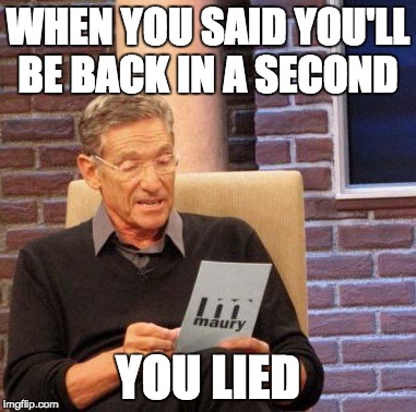 Maury Lie Detector | WHEN YOU SAID YOU'LL BE BACK IN A SECOND; YOU LIED | image tagged in memes,maury lie detector | made w/ Imgflip meme maker