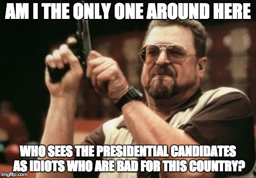 Am I The Only One Around Here | AM I THE ONLY ONE AROUND HERE; WHO SEES THE PRESIDENTIAL CANDIDATES AS IDIOTS WHO ARE BAD FOR THIS COUNTRY? | image tagged in memes,am i the only one around here | made w/ Imgflip meme maker