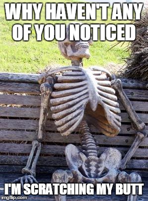 Waiting Skeleton | WHY HAVEN'T ANY OF YOU NOTICED; I'M SCRATCHING MY BUTT | image tagged in memes,waiting skeleton | made w/ Imgflip meme maker