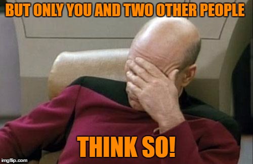 Captain Picard Facepalm Meme | BUT ONLY YOU AND TWO OTHER PEOPLE THINK SO! | image tagged in memes,captain picard facepalm | made w/ Imgflip meme maker