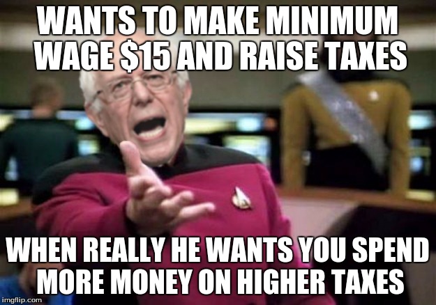 WTF Bernie Sanders | WANTS TO MAKE MINIMUM WAGE $15 AND RAISE TAXES; WHEN REALLY HE WANTS YOU SPEND MORE MONEY ON HIGHER TAXES | image tagged in wtf bernie sanders | made w/ Imgflip meme maker