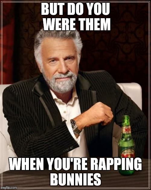 The Most Interesting Man In The World Meme | BUT DO YOU WERE THEM WHEN YOU'RE RAPPING BUNNIES | image tagged in memes,the most interesting man in the world | made w/ Imgflip meme maker