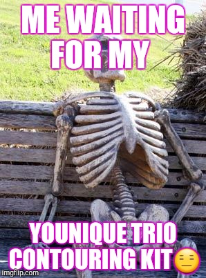 Waiting Skeleton Meme | ME WAITING FOR MY; YOUNIQUE TRIO CONTOURING KIT😑 | image tagged in memes,waiting skeleton | made w/ Imgflip meme maker