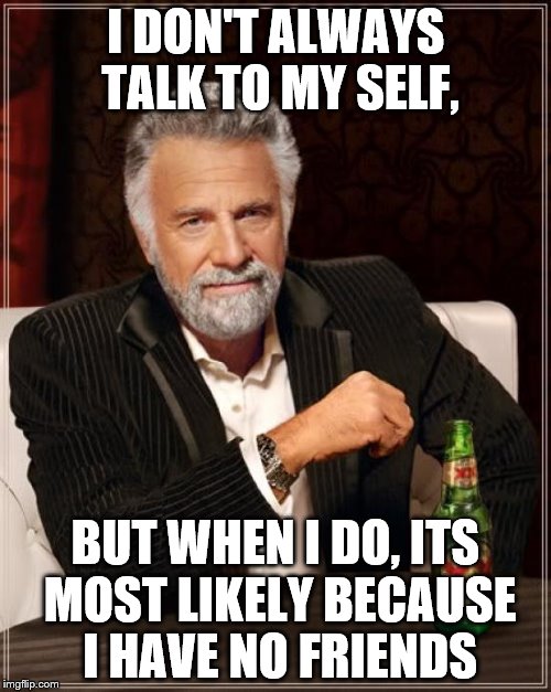 The Most Interesting Man In The World Meme | I DON'T ALWAYS TALK TO MY SELF, BUT WHEN I DO, ITS MOST LIKELY BECAUSE I HAVE NO FRIENDS | image tagged in memes,the most interesting man in the world | made w/ Imgflip meme maker