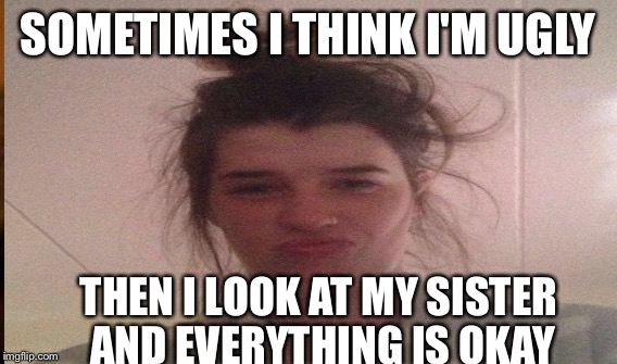 Sister | SOMETIMES I THINK I'M UGLY; THEN I LOOK AT MY SISTER AND EVERYTHING IS OKAY | image tagged in sisters | made w/ Imgflip meme maker